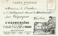 Carte publicitaire 'L'excrémaïne de Léon Vallée est sans rivale contre la diarrhée et la dysenterie ou flux de sang des veaux