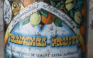 Boîte en fer bleu tranches de fruits Raquillet-Chabas.